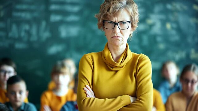 Irritated educator standing with folded arms, glaring at rowdy schoolchildren during lesson