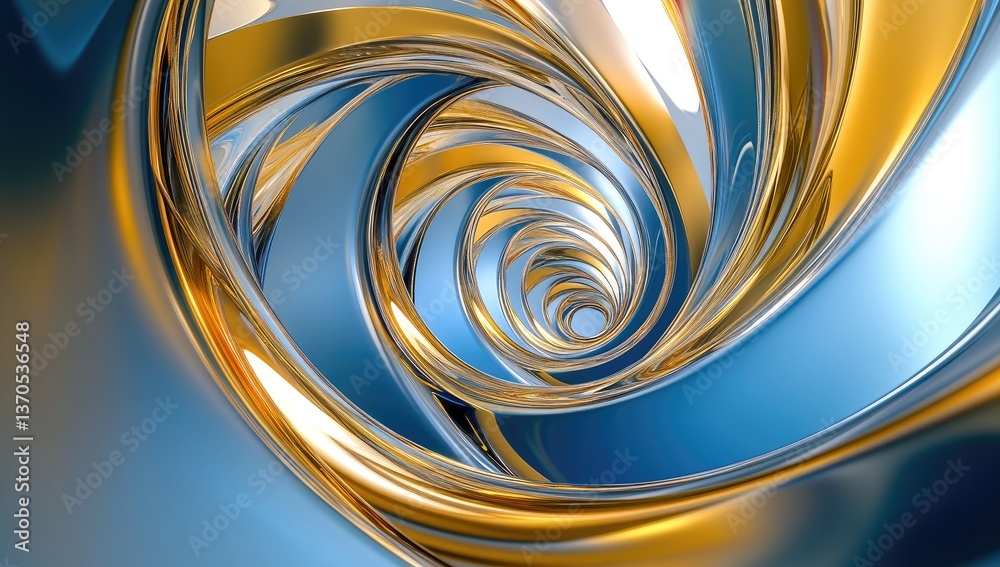 Fototapete abstract 3d swirling vortex tunnel with iridescent blue and gold reflections and depth of field