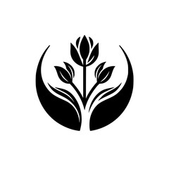 Black and White Floral Logo: Stylized Tulips in a Circular Design