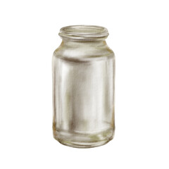 Empty tall glass clear jar without lid green shade watercolor isolated illustration. Jar for preserving fruits and vegetables in summer. Minimalist container for homemade jam, honey, or spices