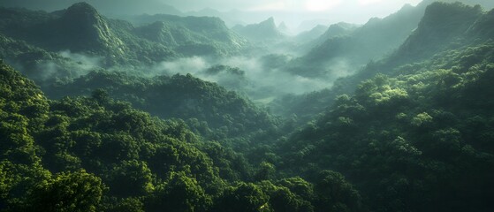 Lush Green Mountain Range with Mist