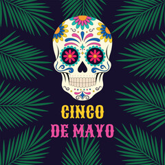 Greeting card, poster, banner for Cinco de Mayo with skull.