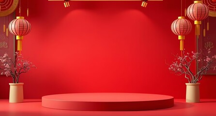 Festive Red Podium Display for Lunar New Year Product Showcase