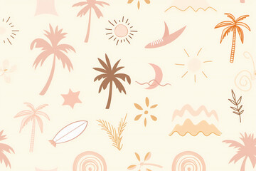 Seamless Hand-Drawn Palm Tree and Sun Summer Pattern Background Set