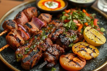 Barbecue Platter featuring malai boti, beef boti and seekh kebab with chutney swirl