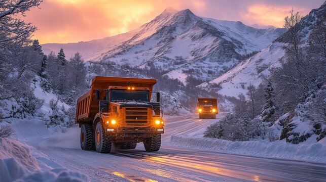 Orange mining trucks on snowy mountain road at sunrise