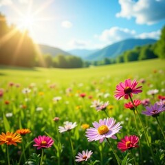Vibrant wildflowers bloom in a sun-drenched meadow , royalty free, bloom, spring