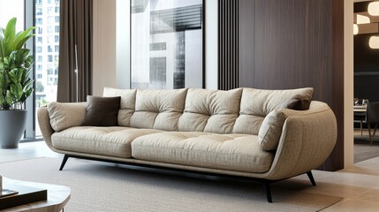 Fototapeta premium A modern living space boasts a beige sofa bed that converts, complemented by accent pillows, expansive windows offering a cityscape, and a contemporary coffee table situated on a rug with texture