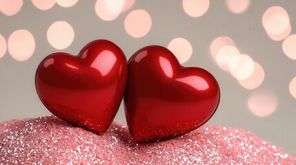 Fototapeta premium Two hearts resting on glitter
