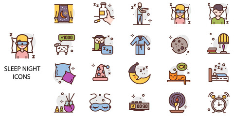 Sleep Night simple concept 28 color icons set. Contains such dreaming, dreamlike, napping, day dreaming, relaxation .Vector illustration.