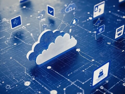 Digital cloud computing concept featuring a D cloud icon surrounded by technology and network symbols in a deep blue background, showcasing connectivity and data management