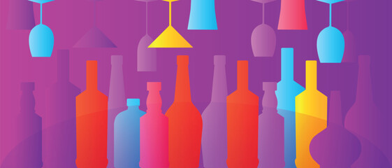 Flat design premium whiskey bottle, wine, glasses. Vector illustration wine list, restaurant banner, booze, vodka, liqueur