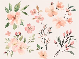 Hand painted watercolor floral collection with soft pink cherry blossoms and green leaves for spring Easter design