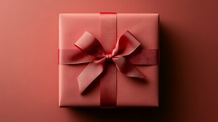 Red gift box with ribbon bow on red background.