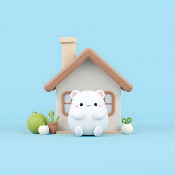 Cute house and pou in 3d Illustration