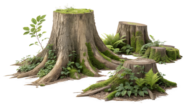 Set of Cutout Tree Stump and Mossy Tree Roots