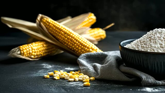 A creative food photography scene where corn cobs stand upright like golden pillars, kernels glowing, next to a modern ceramic bowl of corn starch