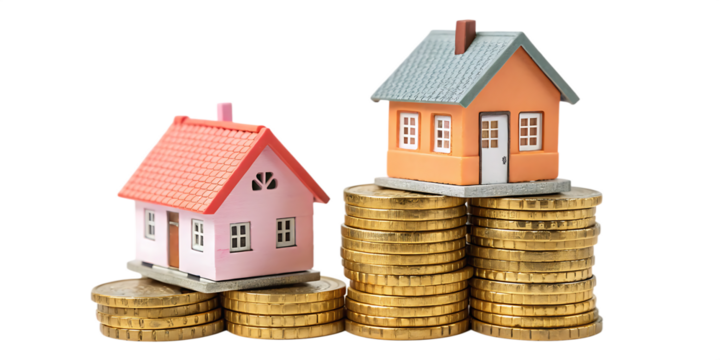 Two miniature houses sitting atop stacks of gold coins against a black background for financial concepts isolated on transparent or white background, png