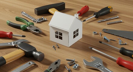 Home Improvement Concept with Miniature House Surrounded by Hand Tools