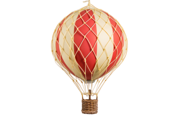 Close up of a red and cream striped hot air balloon with a wicker basket on a black background
