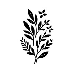Minimalist Botanical Illustration: Black Leaves and Flowers on White