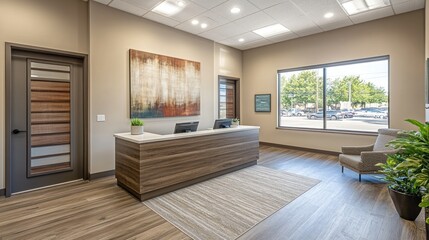 Modern office reception area with wood textures and artwork
