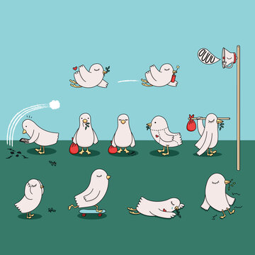 Fototapeta Cute Peace Dove Character in Different Situations Vector Illustration