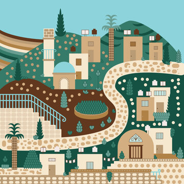 City Town Houses and Mountains Landscape Vector Illustration