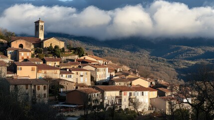 An ancient village with a church nestled within the mountainside