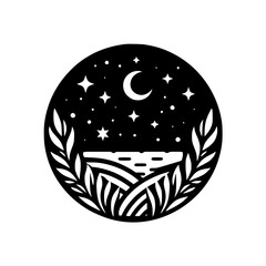 Night Sky Circle Design: Moon, Stars, Leaves, Peaceful, Minimalist Art
