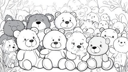 Teddy bears in a forest background. Coloring book image.  Possible use coloring book