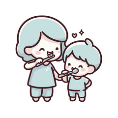 Cute mother and son cartoon happily brushing teeth together representing dental hygiene against white background with copy space