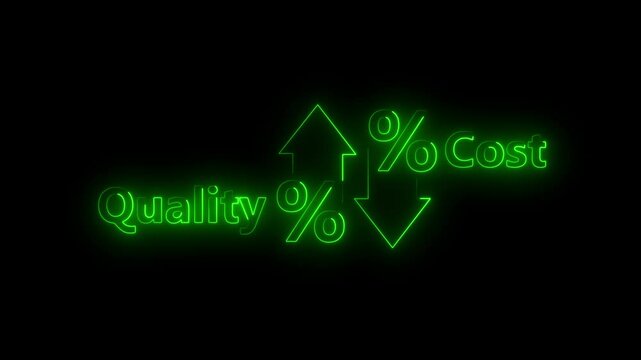 Quality with up neon arrow and cost with down neon arrow on black background.virtual cost and quality icons to Improve work efficiency for quality control and company cost reduction.