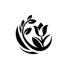 Minimalist Floral Logo: Black Tulip and Leaves on White