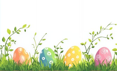 Colorful decorated eggs nestled in vibrant green grass.