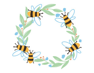 Cute bee vector illustration with green leaves and blue flowers. Perfect for World Bee Day, symbolizing ecology, nature, and spring. Decorative wreath for cards, posters, and design.