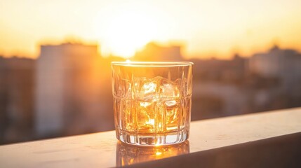 A glass with ice and liquid illuminated by sunset light