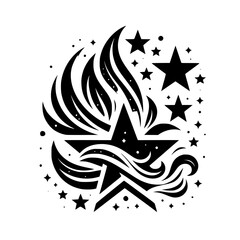 Black Starburst Emblem with Swirls & Stars, Minimalist Design