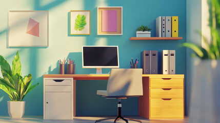 Office at home isometric landing page. Workplace with desk, drawer cabinet, files organizer. Working place table for businessman, analyst or freelancer, 3d vector illustration, line art web banner