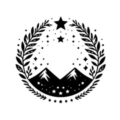 Mountain Starry Night Crest - Black & White Illustration