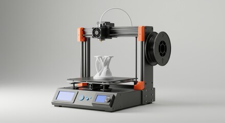 Precision 3D Printing: A modern device crafting intricate designs against a plain backdrop