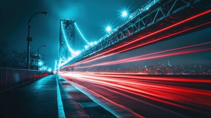 Fototapeta premium Urban symphony dazzling lights illuminate bridge reflecting city glow at dusk