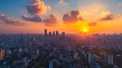 Fototapeta premium Sunset paints the skyline with oranges and purples over a bustling city filled with life and energy