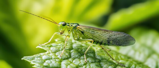 Green insect perched on a leaf in a garden