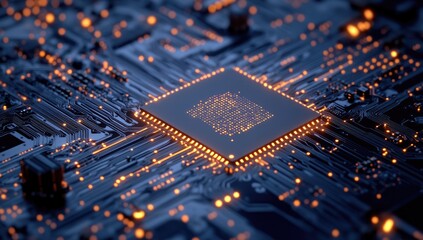 Obraz premium Closeup Glowing Computer Chip On Circuit Board
