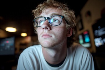 Enthusiast caucasian young man in streetwear, data visualization reflections in his glasses. Data analyst looks very focused at the monitor in dark data center. Visual idea of it.