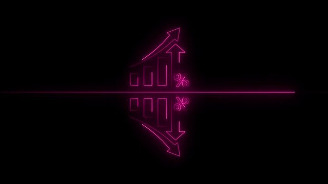 Neon line Percentage icon Quality control growth graph and cost reduction animation. Percentage quality with up arrow, cost with down arrow.