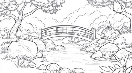 Naklejka premium Peaceful stream with arched bridge through a forest scene; nature background for use in education, coloring, or design
