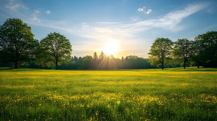 Serene sunset illuminates a vibrant meadow dotted with wildflowers and majestic trees under a bright sky.