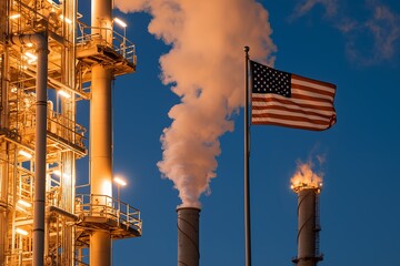 Nighttime View of Industrial Refinery with American Flag and Smoke, City Skyline in Distance, Orange Lighting on Massive Chimneys, Urban Industry, Industrial Landscape, American Industry